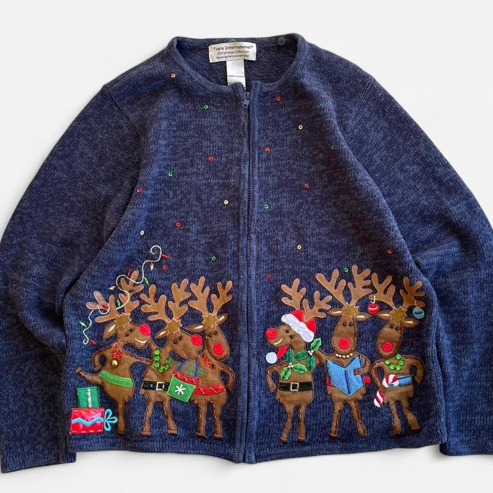 Vintage Tiara International Christmas Blue Knit Embroidered Reindeer Cardigan